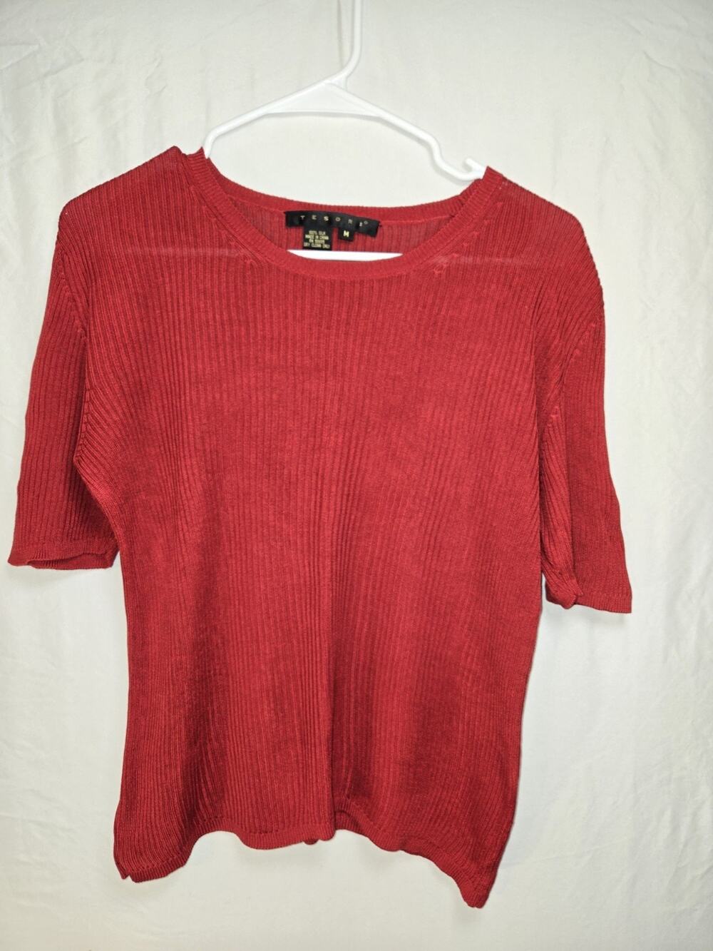Tesori US Womens Size M Silk Top Blouse Shirt Short Sleeve Ribbed Very Stretchy